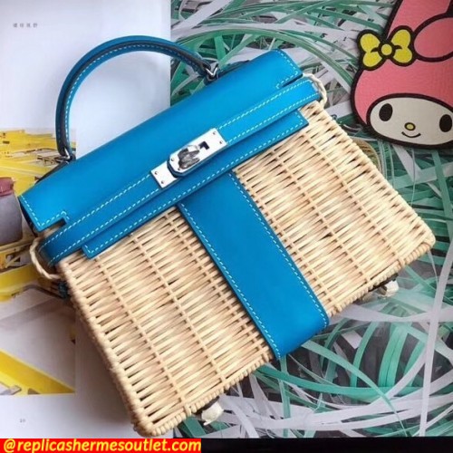 Replica Hermes Blue Picnic Kelly Mini 20cm Wicker Bags