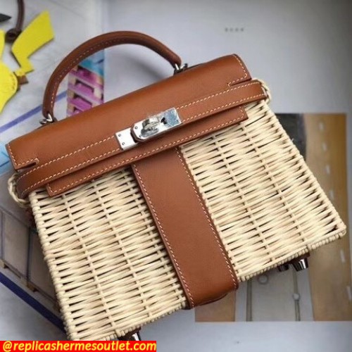 Replica Hermes Brown Picnic Kelly Mini 20cm Wicker Bags