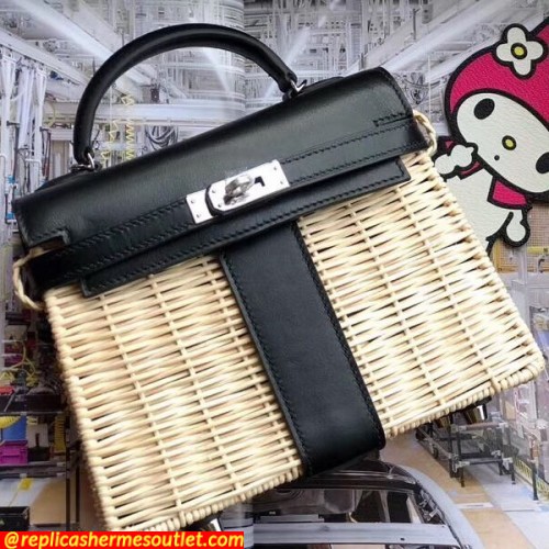 Replica Hermes Black Picnic Kelly Mini 20cm Wicker Bags