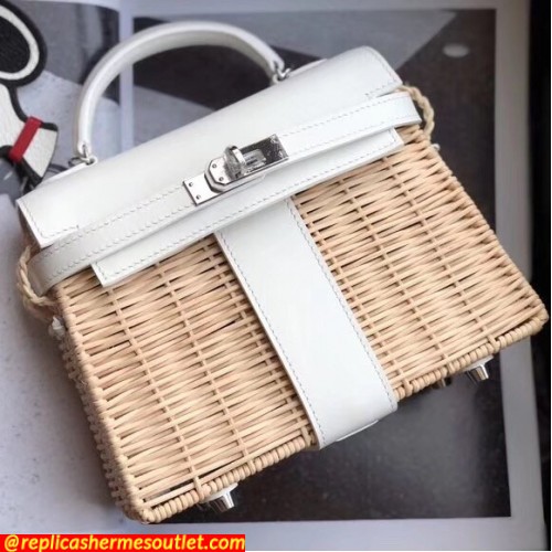 Replica Hermes White Picnic Kelly Mini 20cm Wicker Bags