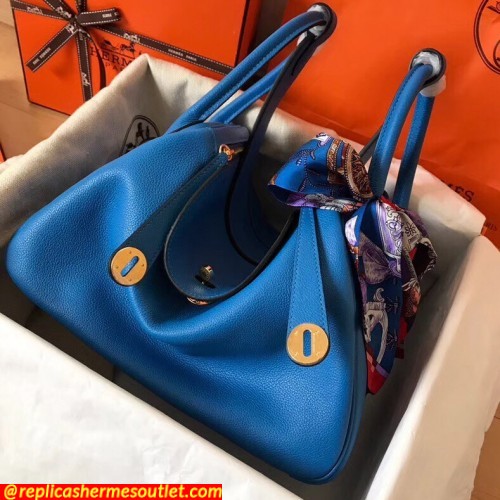 Replica Hermes Blue Zanzibar Lindy 30cm Bicolor Handmade Bags